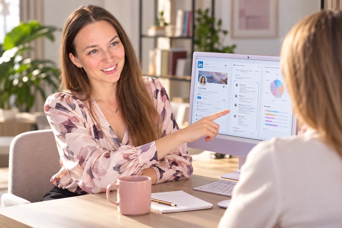 Király Anita egy ügyfelének mutatja a LinkedIn-profilját a monitoron